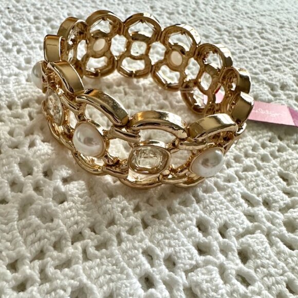 NWT Lilly Pulitzer Pink Palms Cuff Stretch Bracelet Gold - Picture 2 of 5